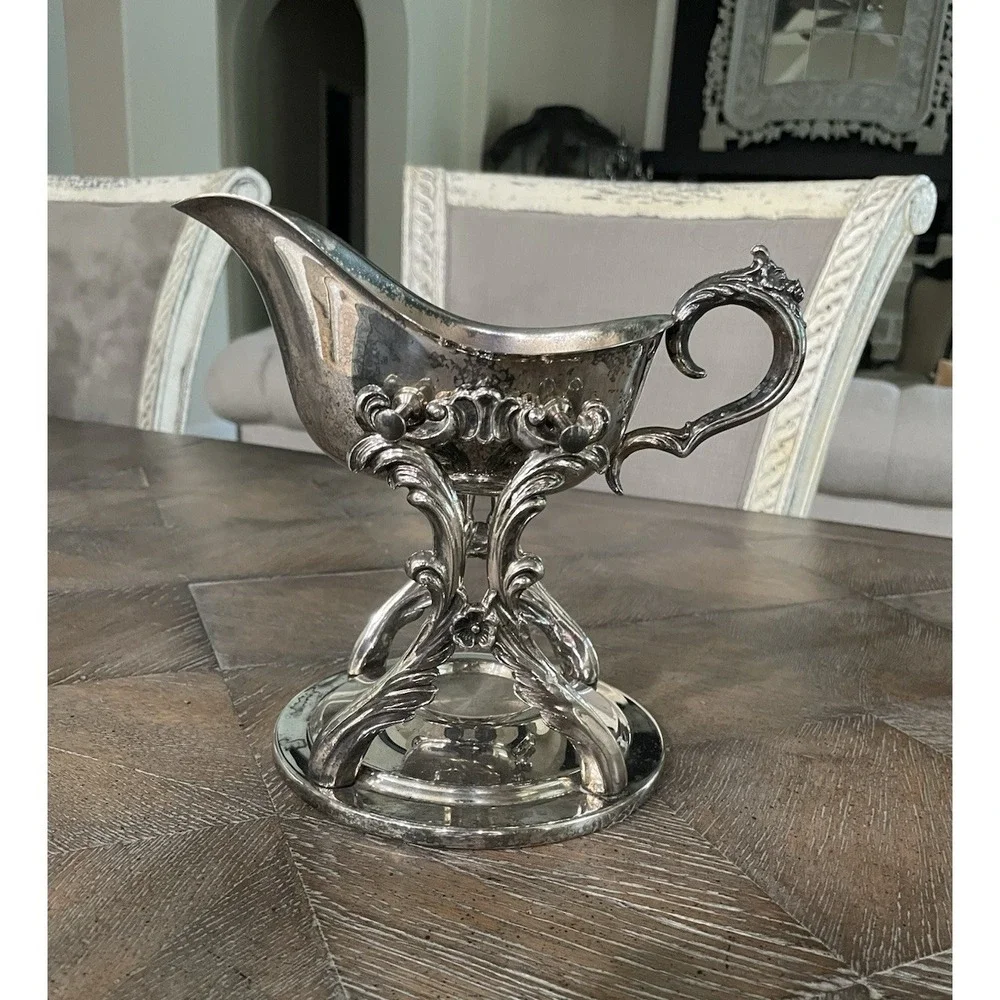 Vintage Ornate Silver‎ Plate Gravy Boat Server Pedestal With Warming Stand
